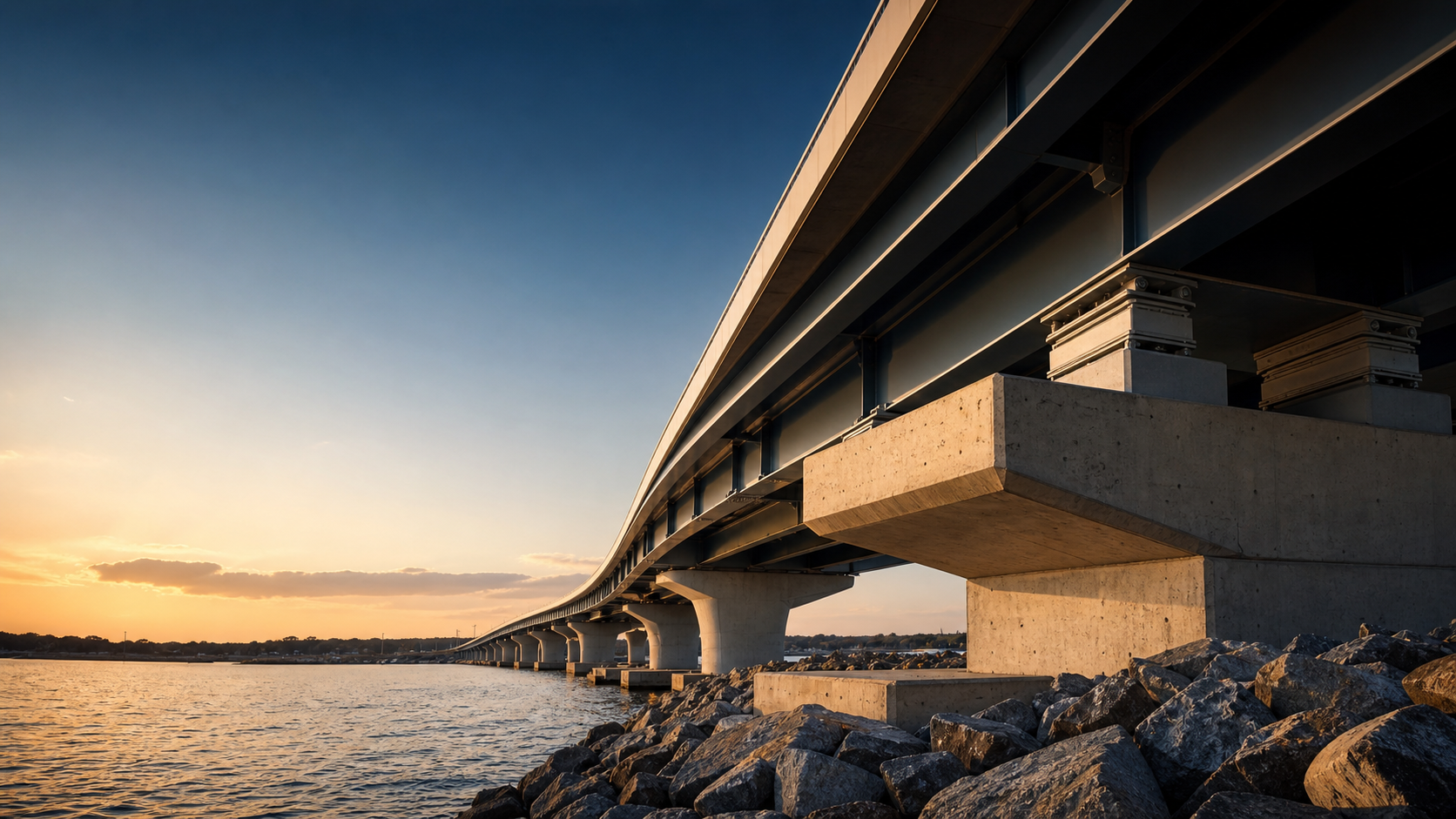 A modern bridge with visible structural bearing support systems at golden hour